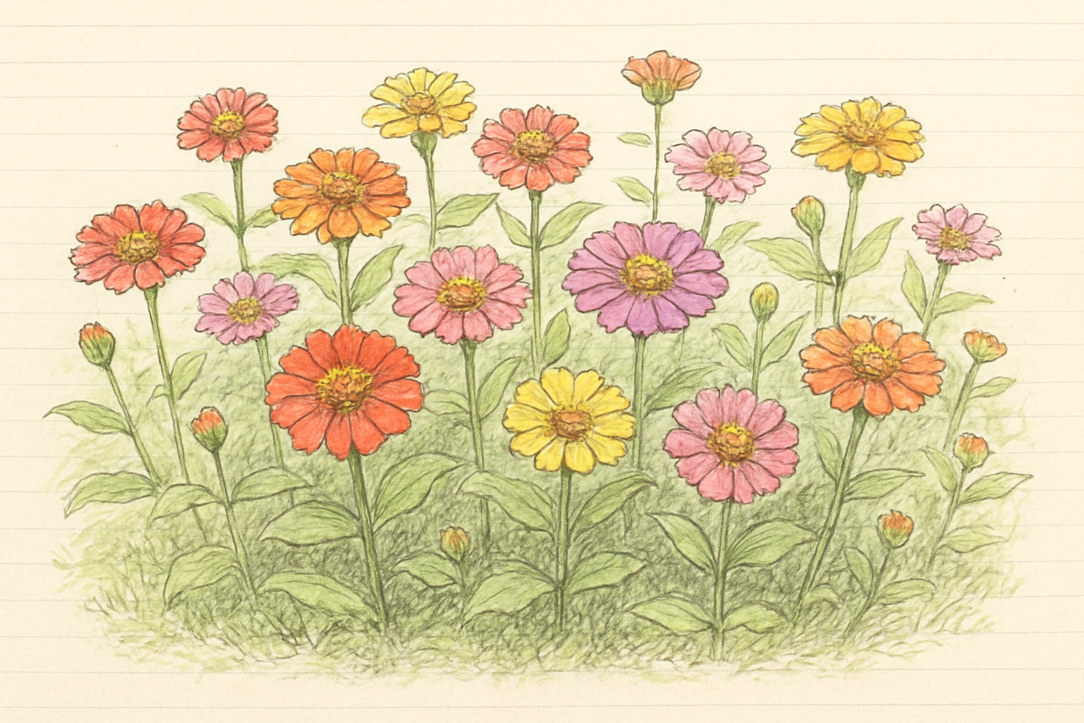 色とりどりの百日草（ジニア）が咲く花壇のイメージ