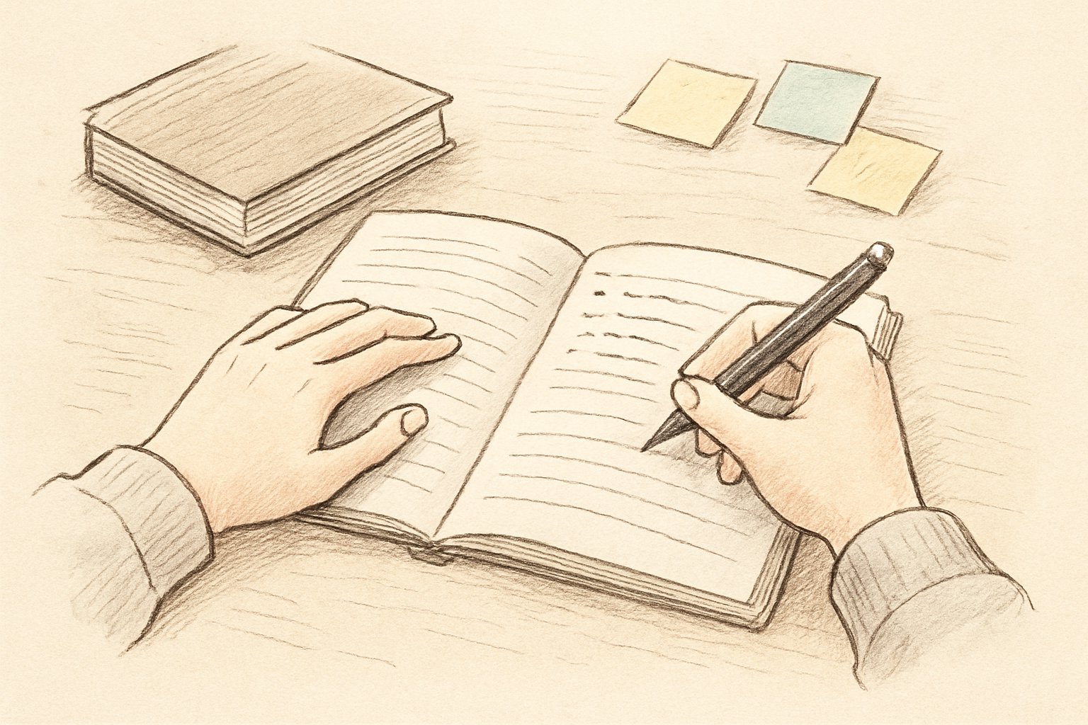 本と付箋を広げて机で感想文の構成メモを書いている高校生の手元の手書き風スケッチ