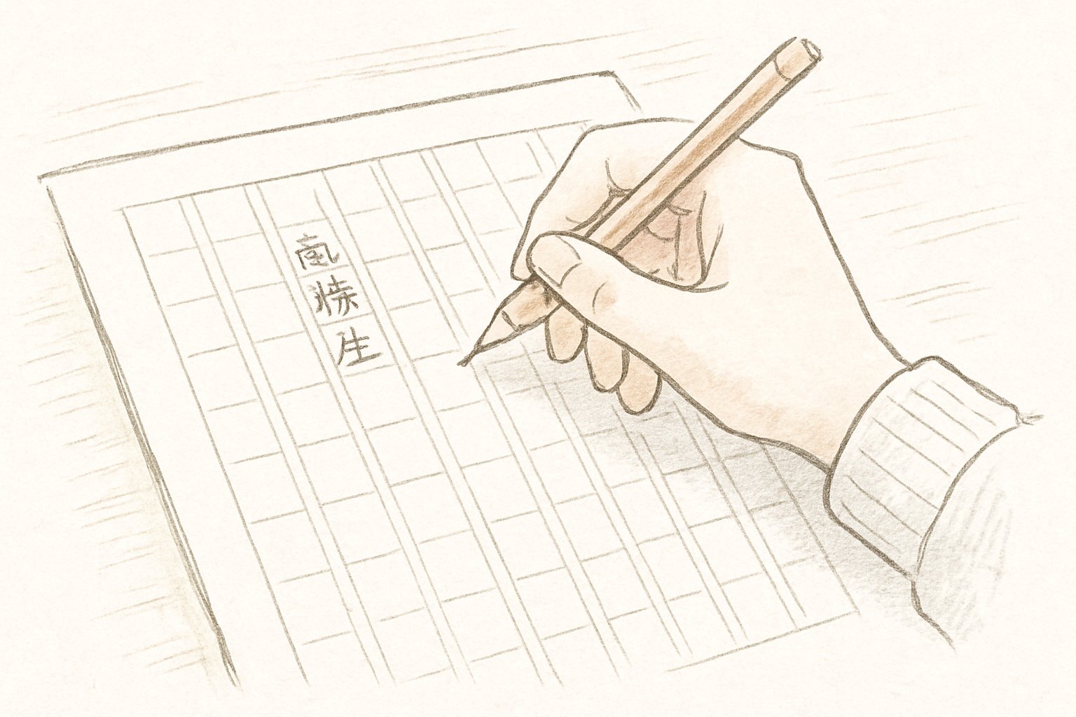 原稿用紙に縦書きで清書している高校生の手元と鉛筆の手書き風スケッチ