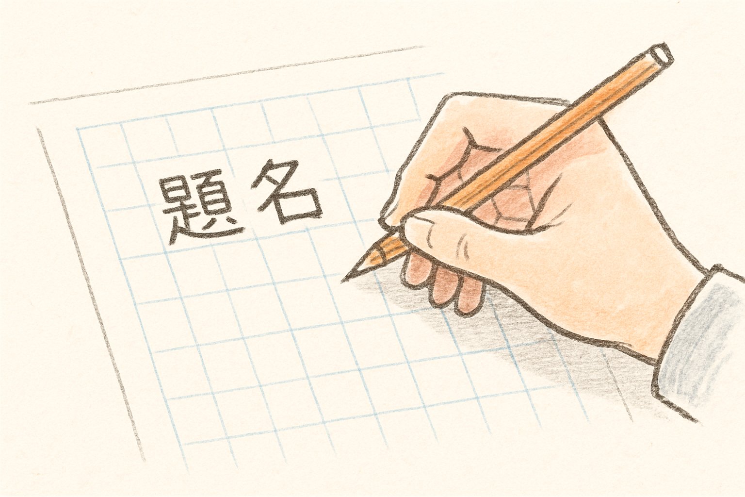 原稿用紙の1行目に鉛筆で題名を書き込もうとしている手元の、手書き風スケッチ