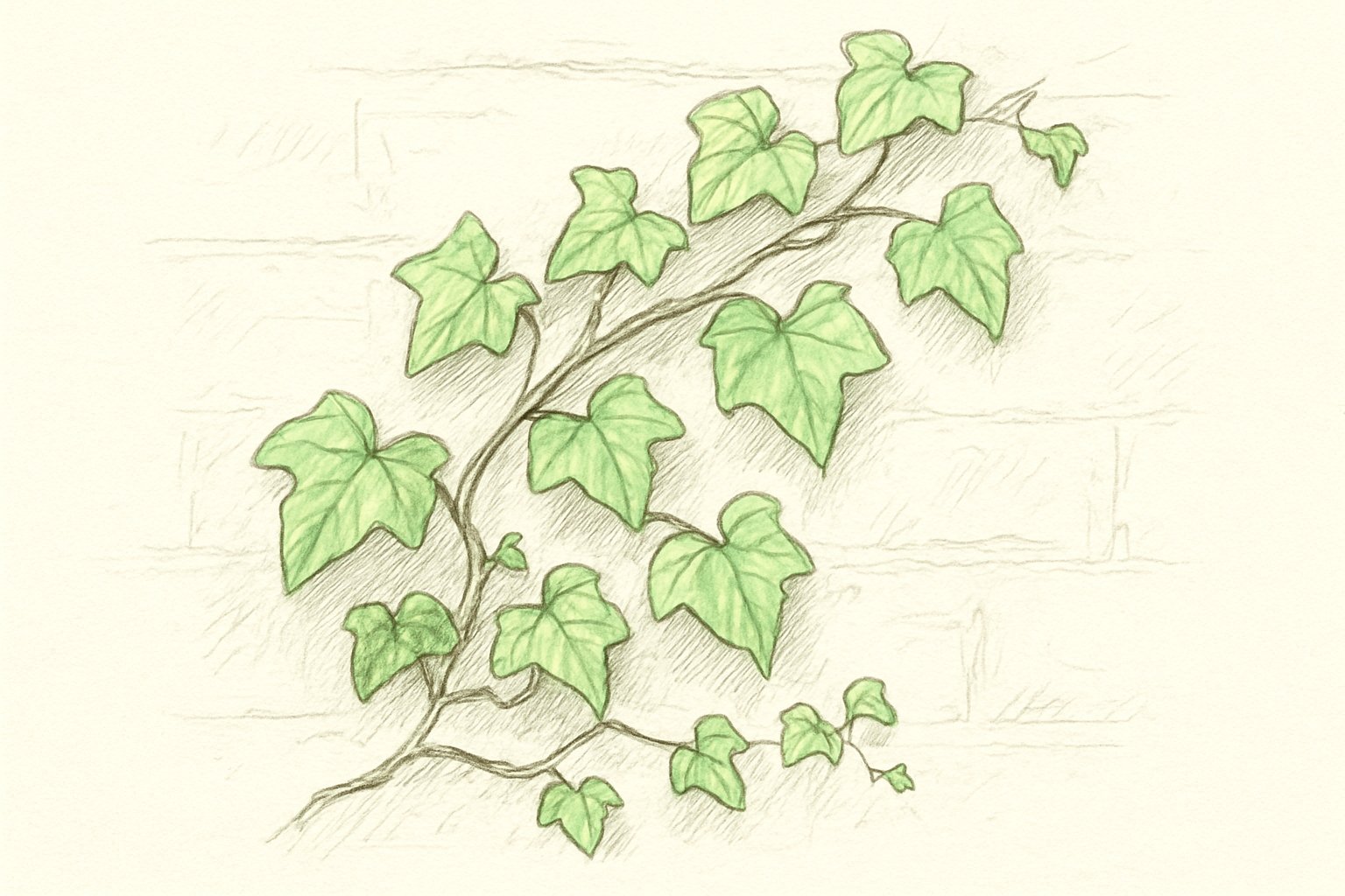 壁に絡みつく常緑のアイビーのつるの手描きスケッチ