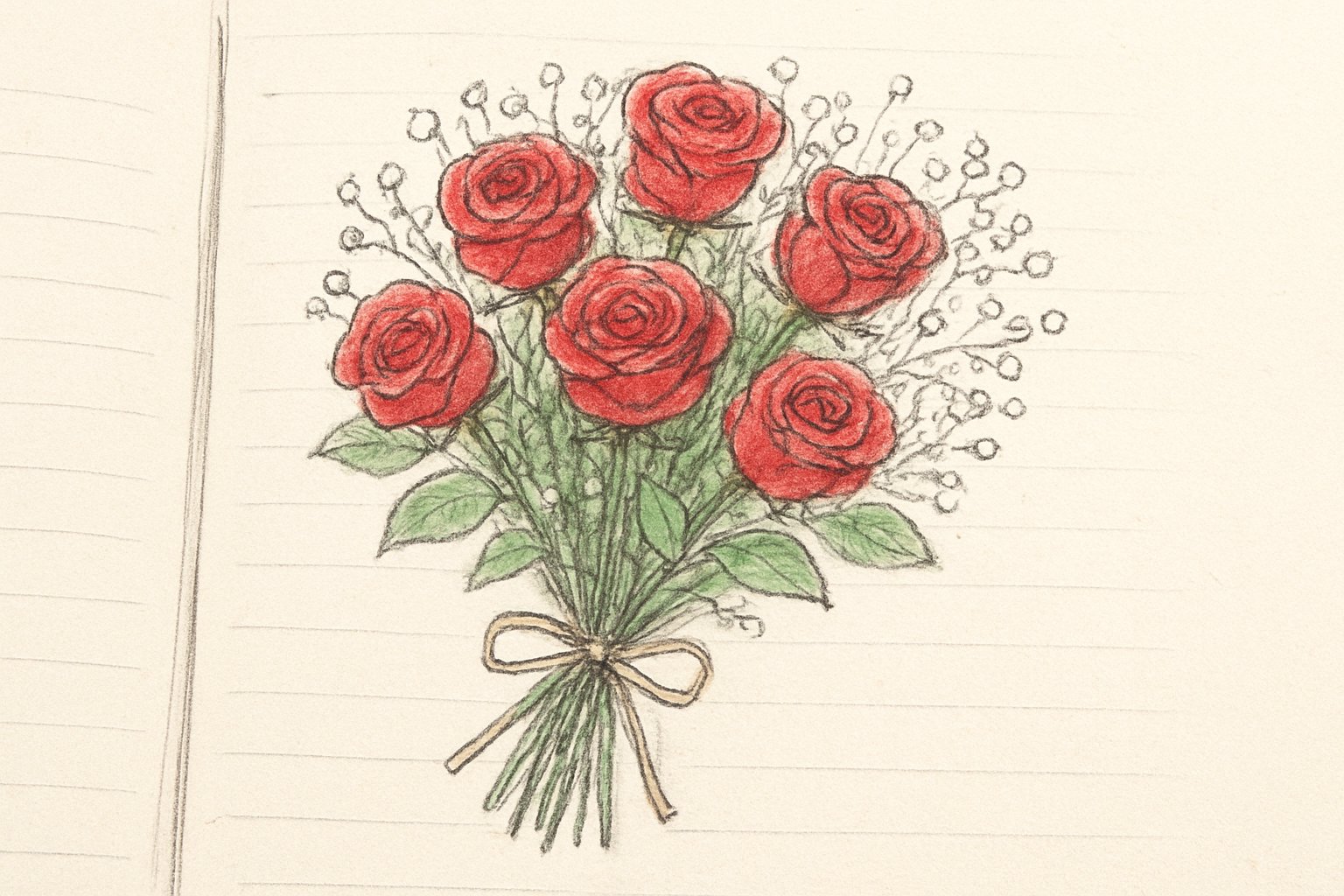 赤いバラとカスミソウを束ねた花束の手描きスケッチ