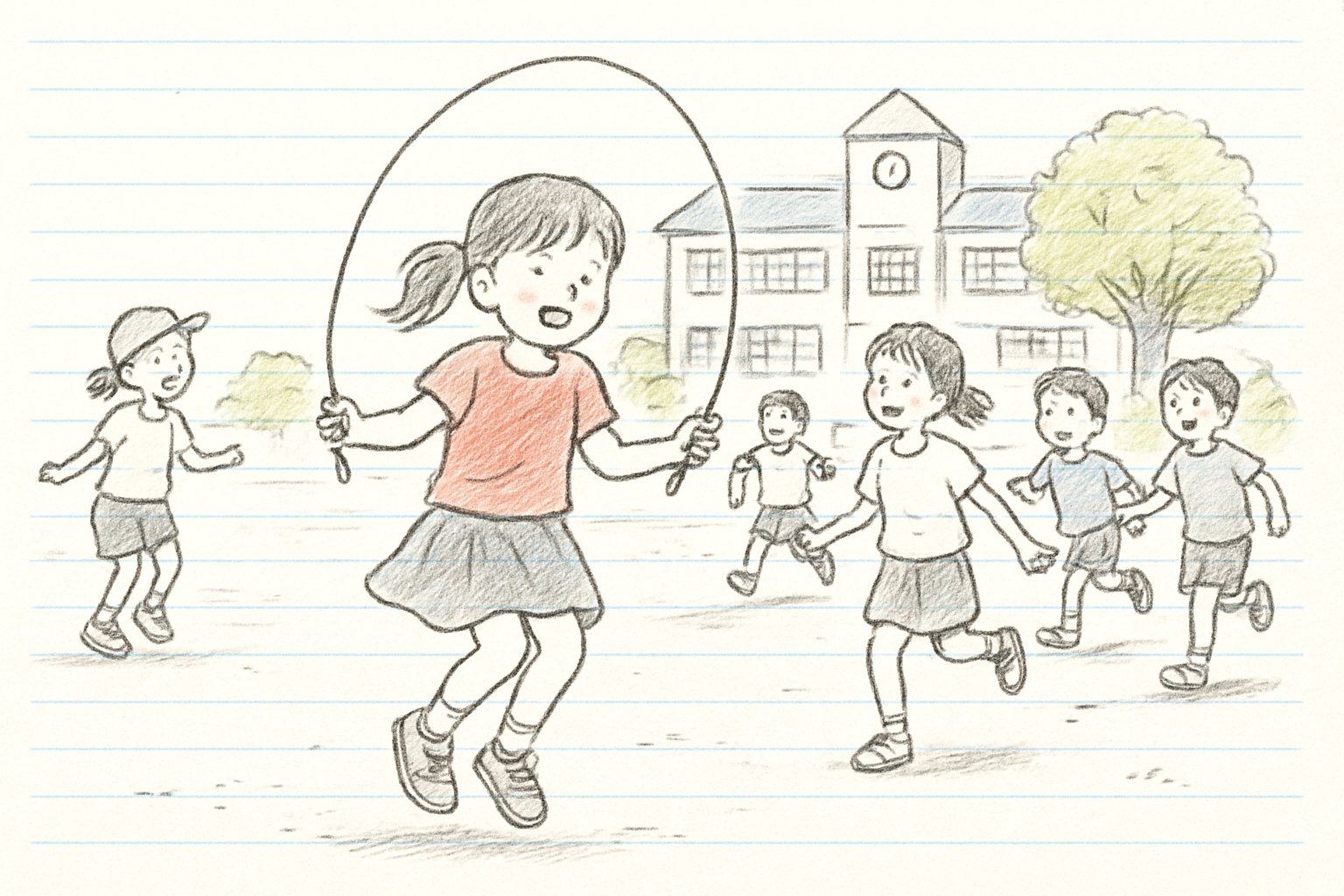 中休みに校庭で縄跳びや鬼ごっこをして遊ぶ小学生のイメージ