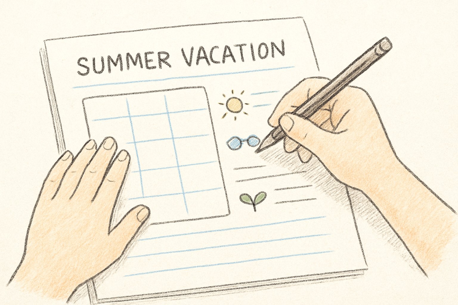 机で夏休みの計画表を書いている小学生の手元