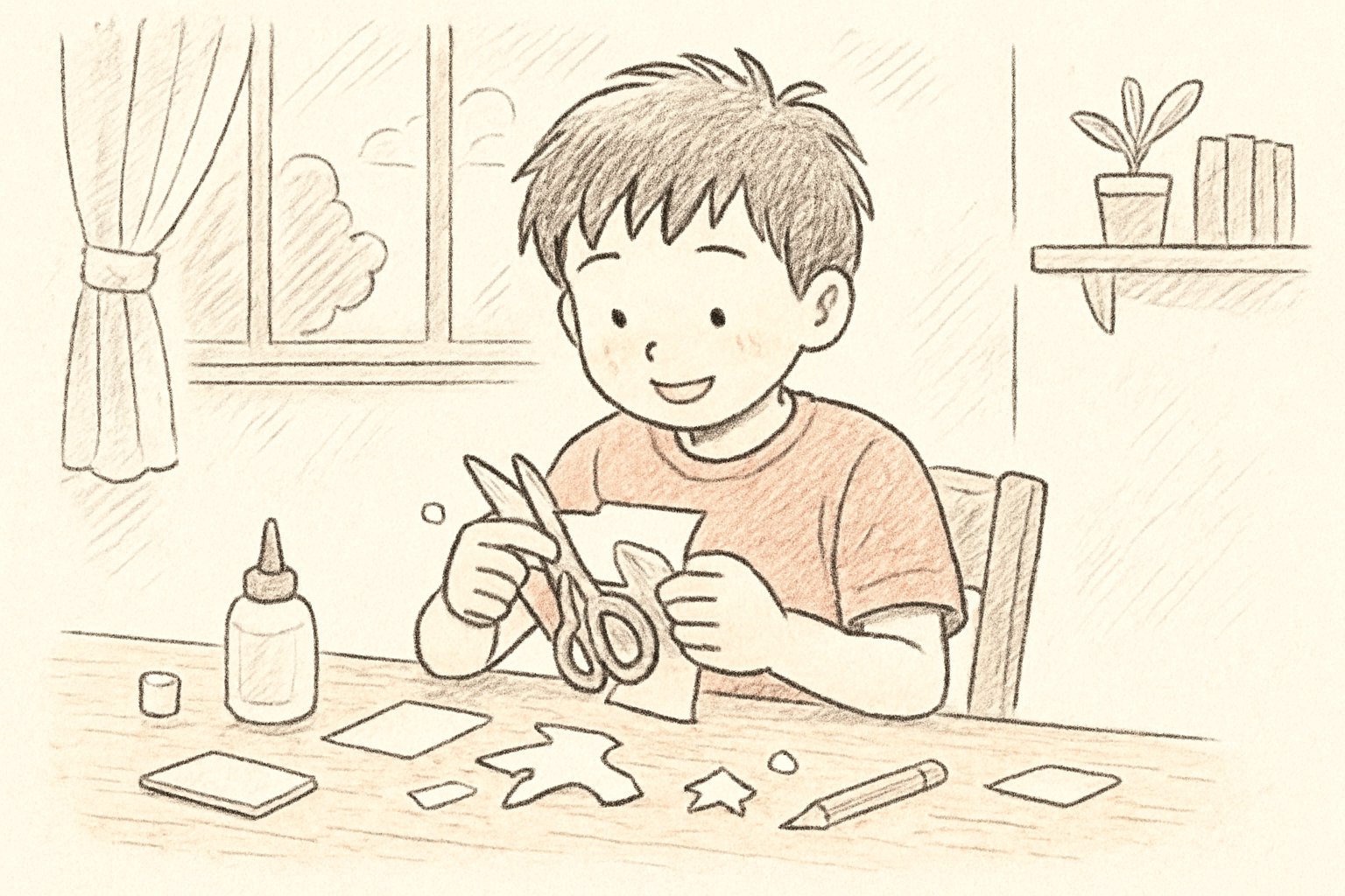 室内で工作をして過ごす小学生の様子