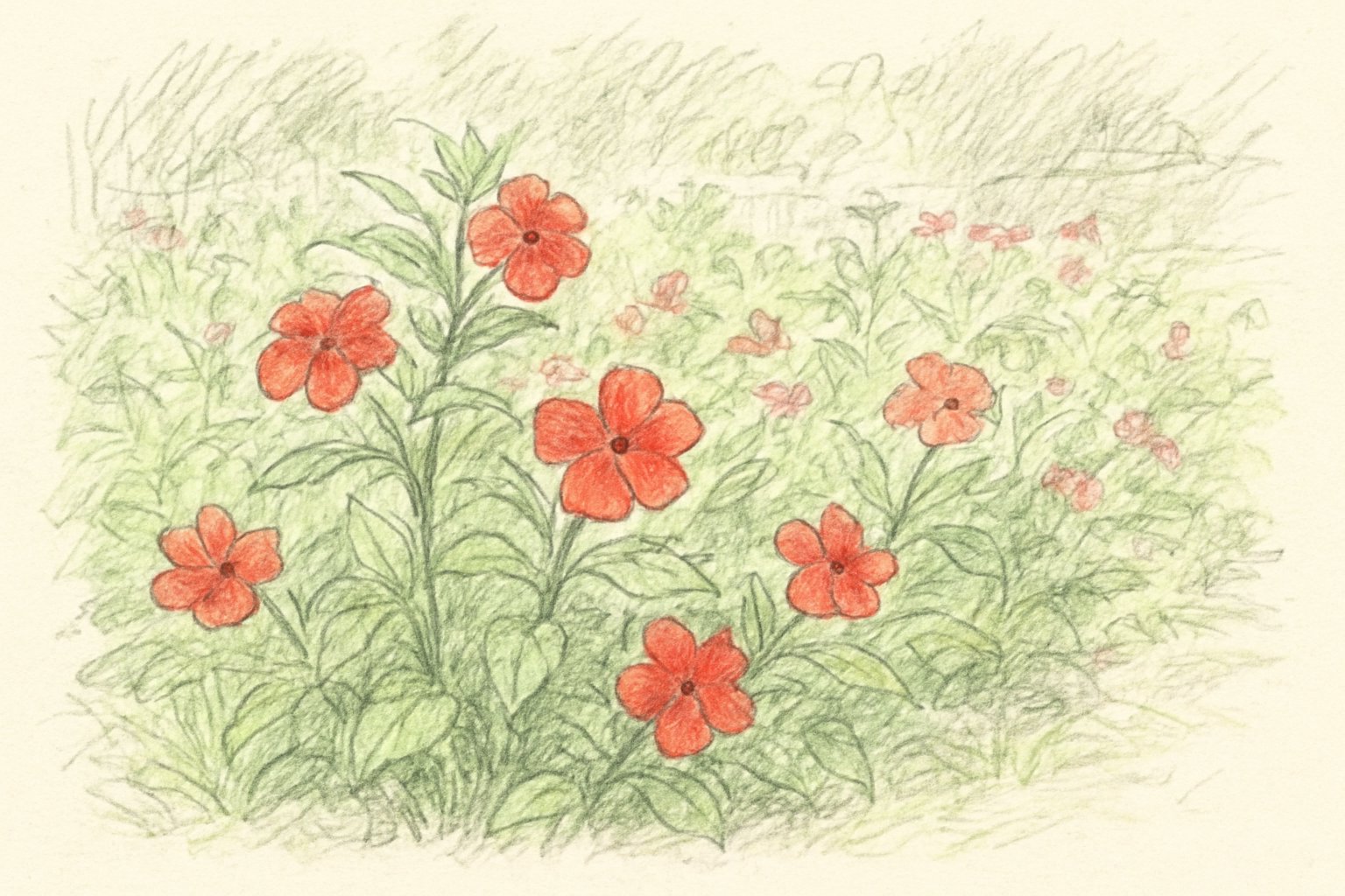 赤い鳳仙花が咲く夏の花壇の手書きスケッチ