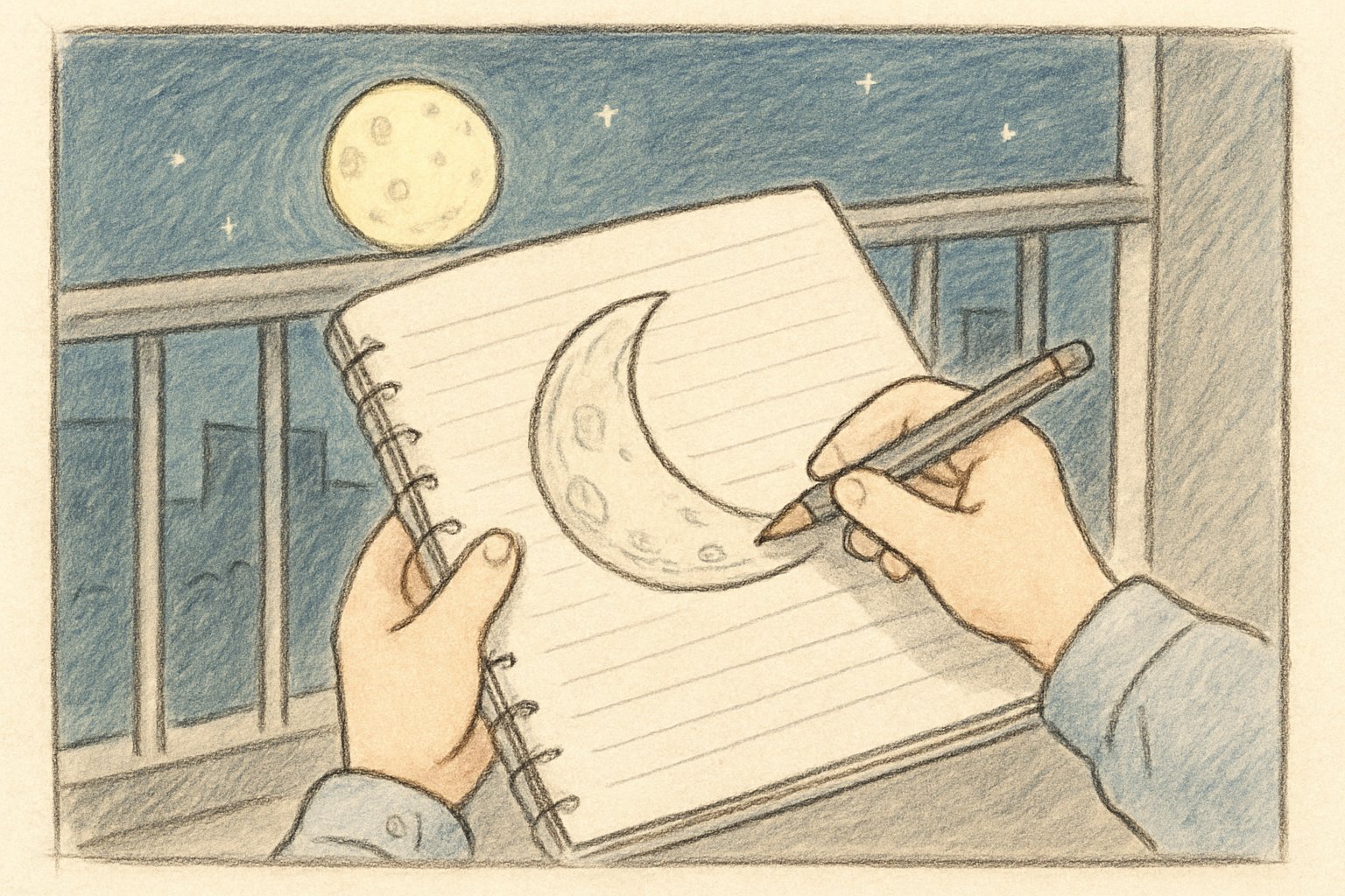 夜のベランダで月の形を記録用紙にスケッチしている小学生の手元