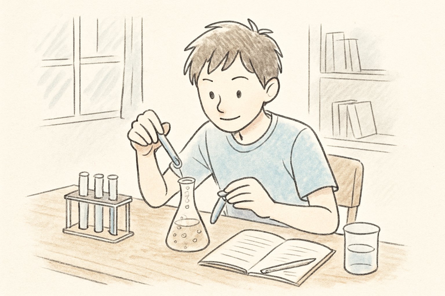 中学生が自宅で理科の実験に取り組んでいる手書き風スケッチ