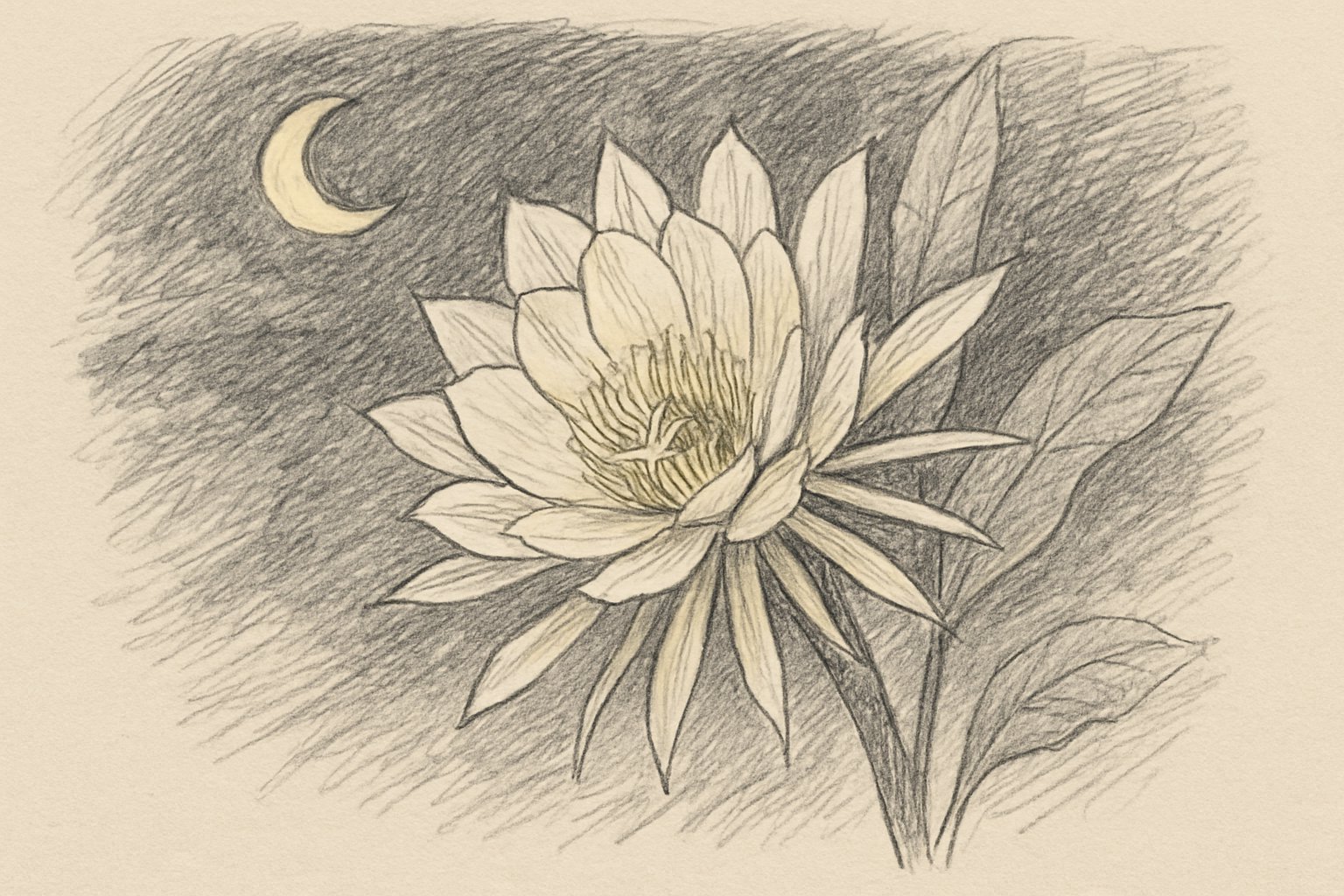 夜に一輪だけ咲く月下美人の手描きスケッチ