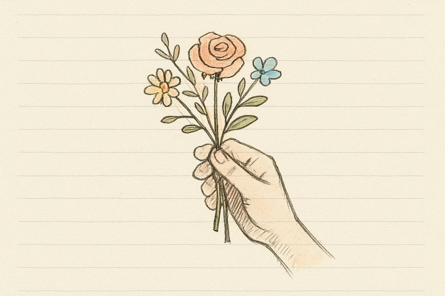 小さなブーケを差し出す手の手描きスケッチ