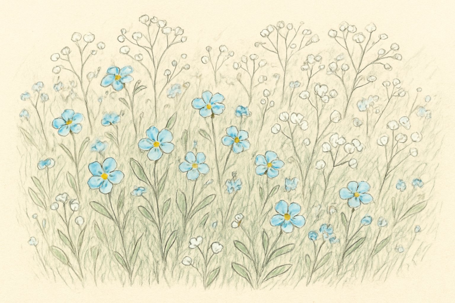 ネモフィラやカスミソウなど小花の咲く風景