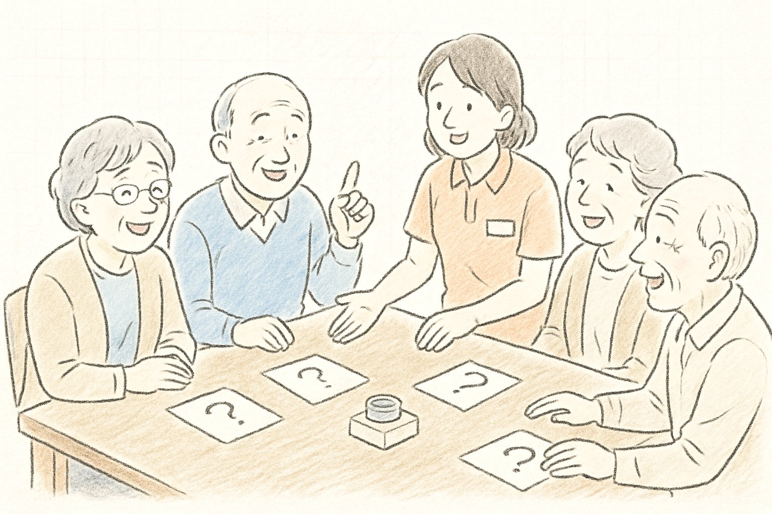 机を囲んでクイズを楽しむ高齢者と職員のイメージ