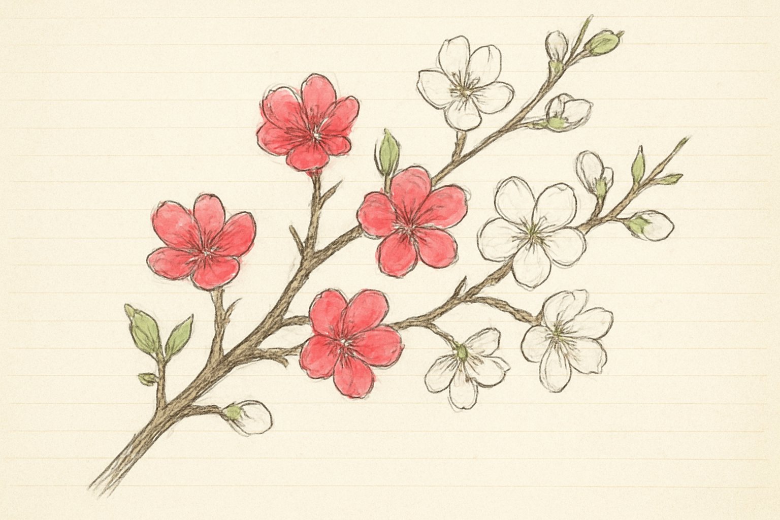 紅と白の花が咲き分ける源平桃の枝のイメージ