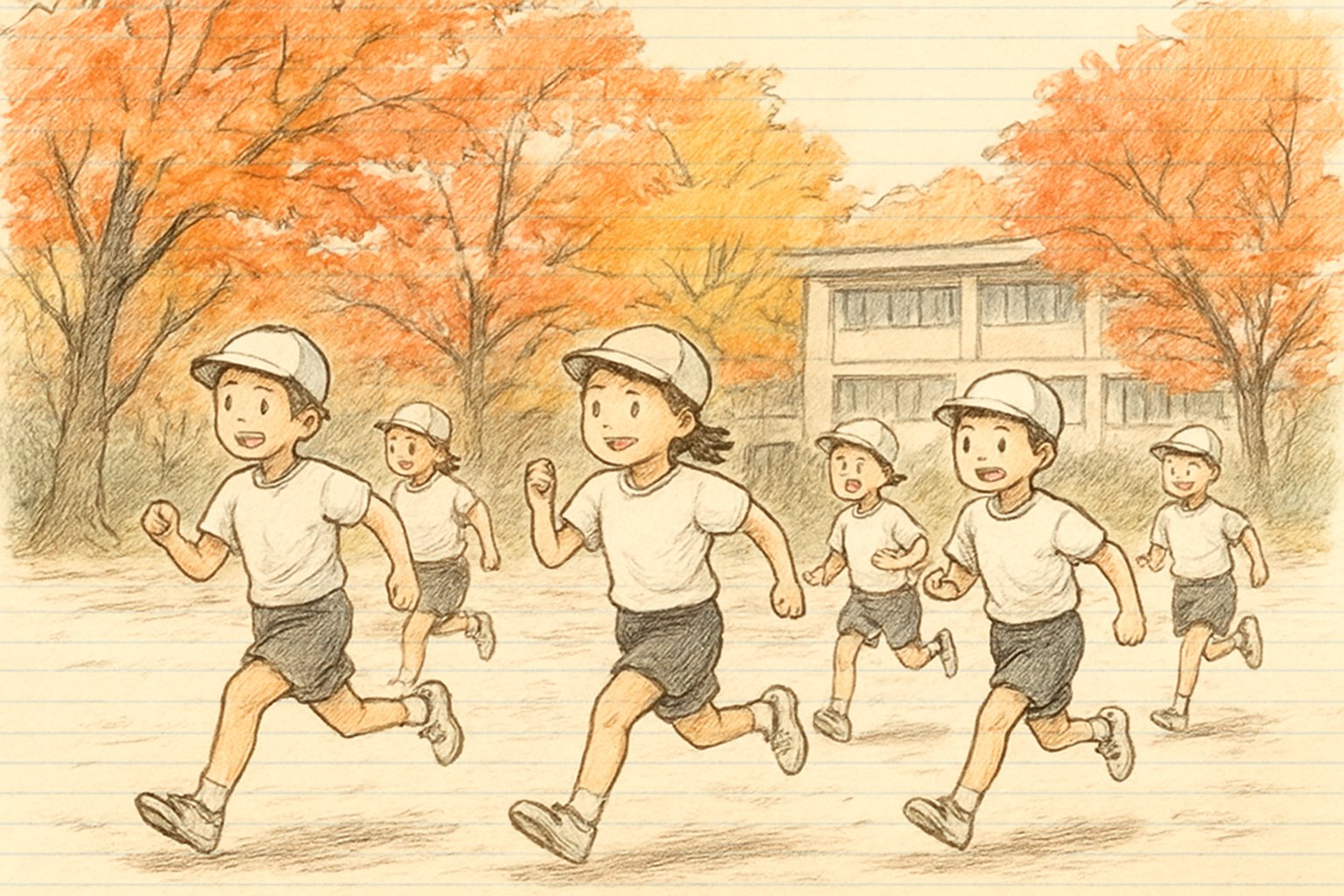 紅葉した木々に囲まれた小学校の校庭で、体操服の子どもたちが走っている落ち着いたトーンの写真