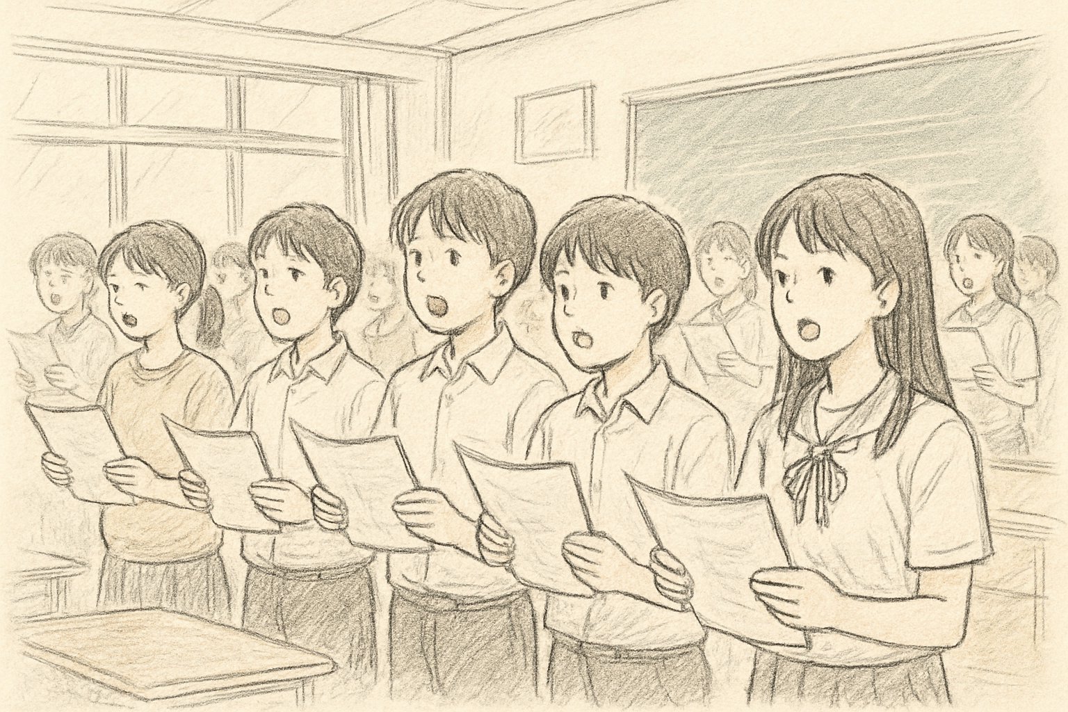 合唱コンクールの練習をする中学生の教室イメージ