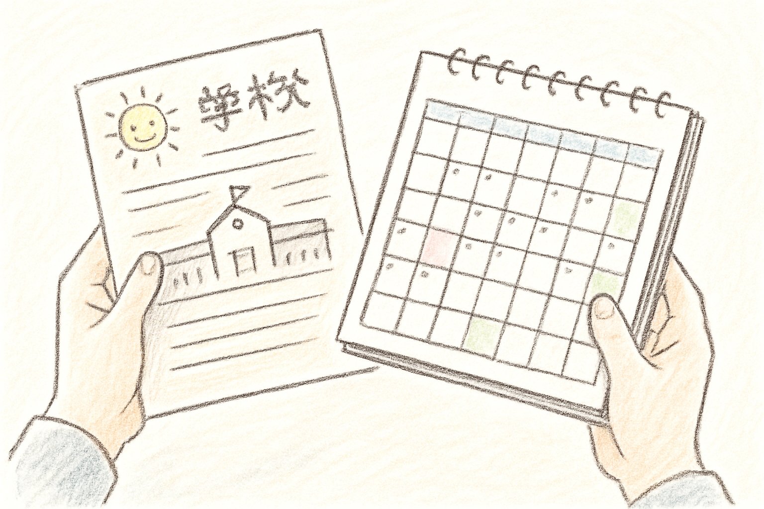 夏休みの学校のお便りと家庭のカレンダーを見比べる保護者の手元(手書き風スケッチ)