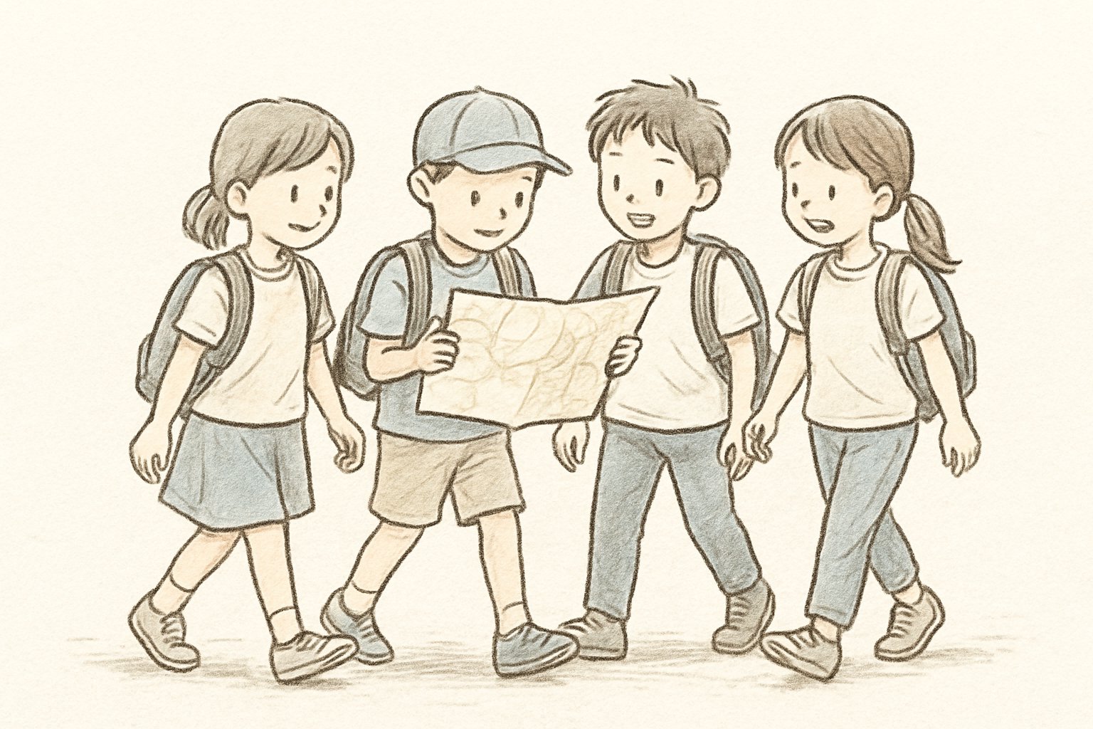 小学生が班行動で地図を見ながら歩いているイメージ