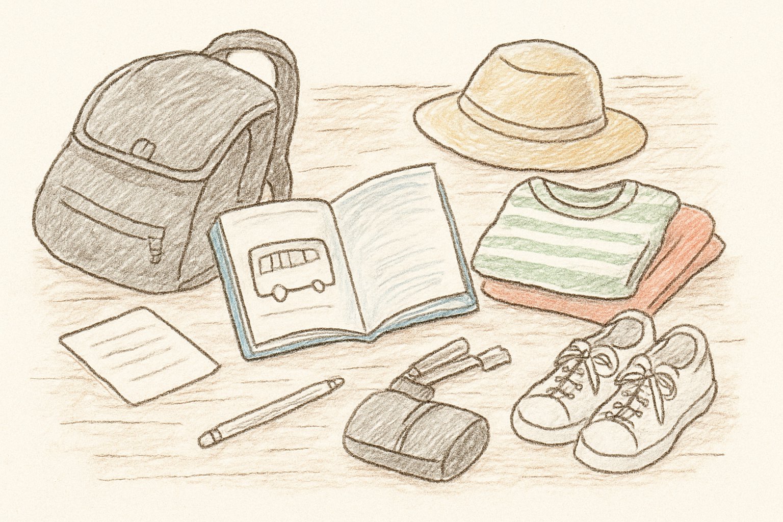 修学旅行のしおりと荷物を広げて準備している机の上のイメージ