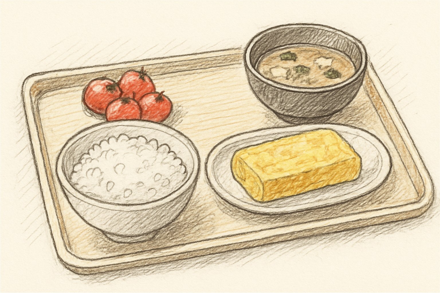 ごはん・卵焼き・味噌汁・ミニトマトが並んだ朝食トレーの手描きスケッチ