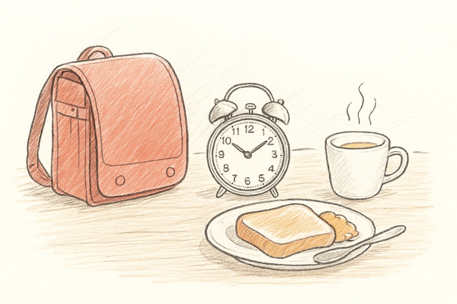 朝の時計と、ランドセル・朝食が並ぶ食卓の手描きスケッチ