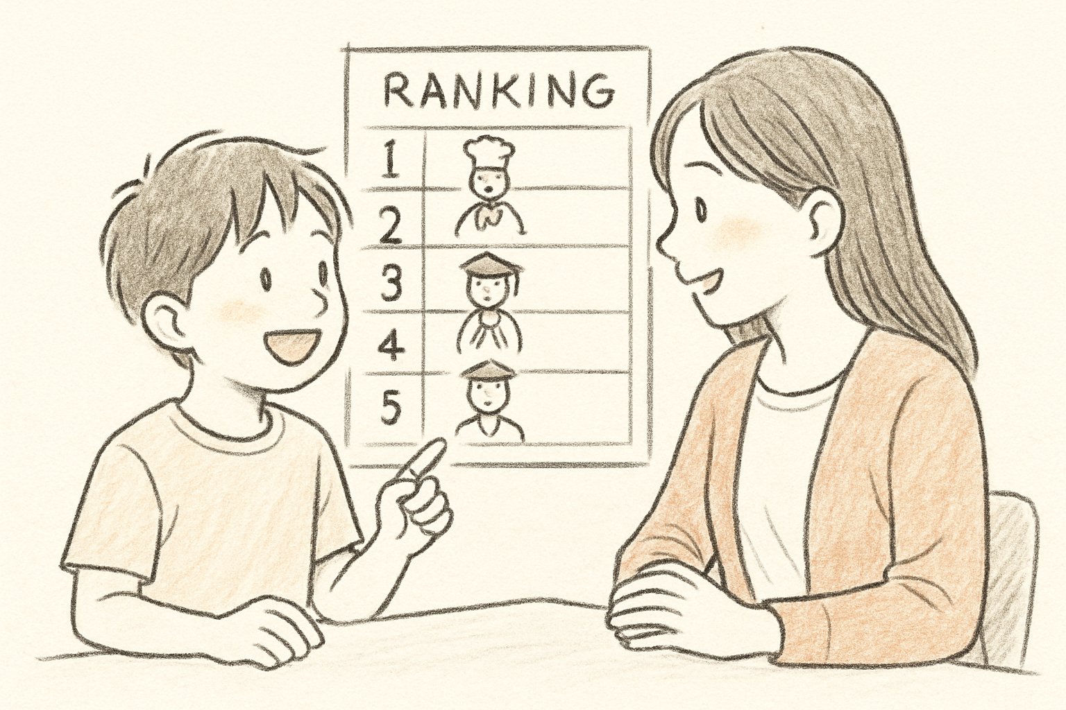 ランキング表を見ながら将来の夢を話す小学生と保護者のイメージ