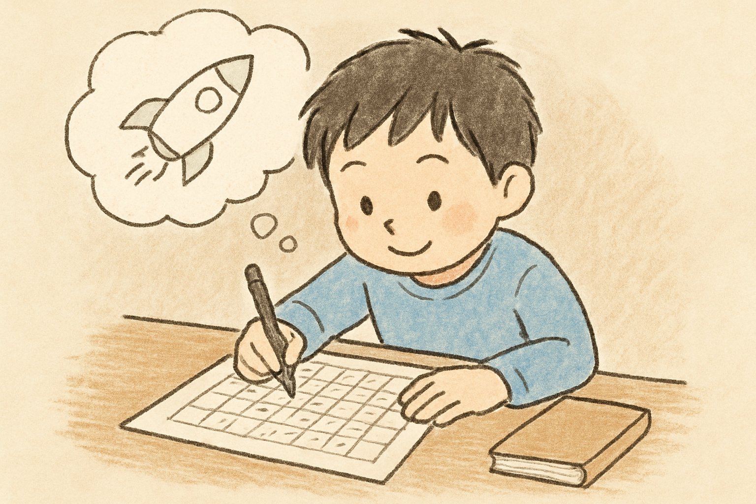 原稿用紙に将来の夢の作文を書く小学生のイメージ
