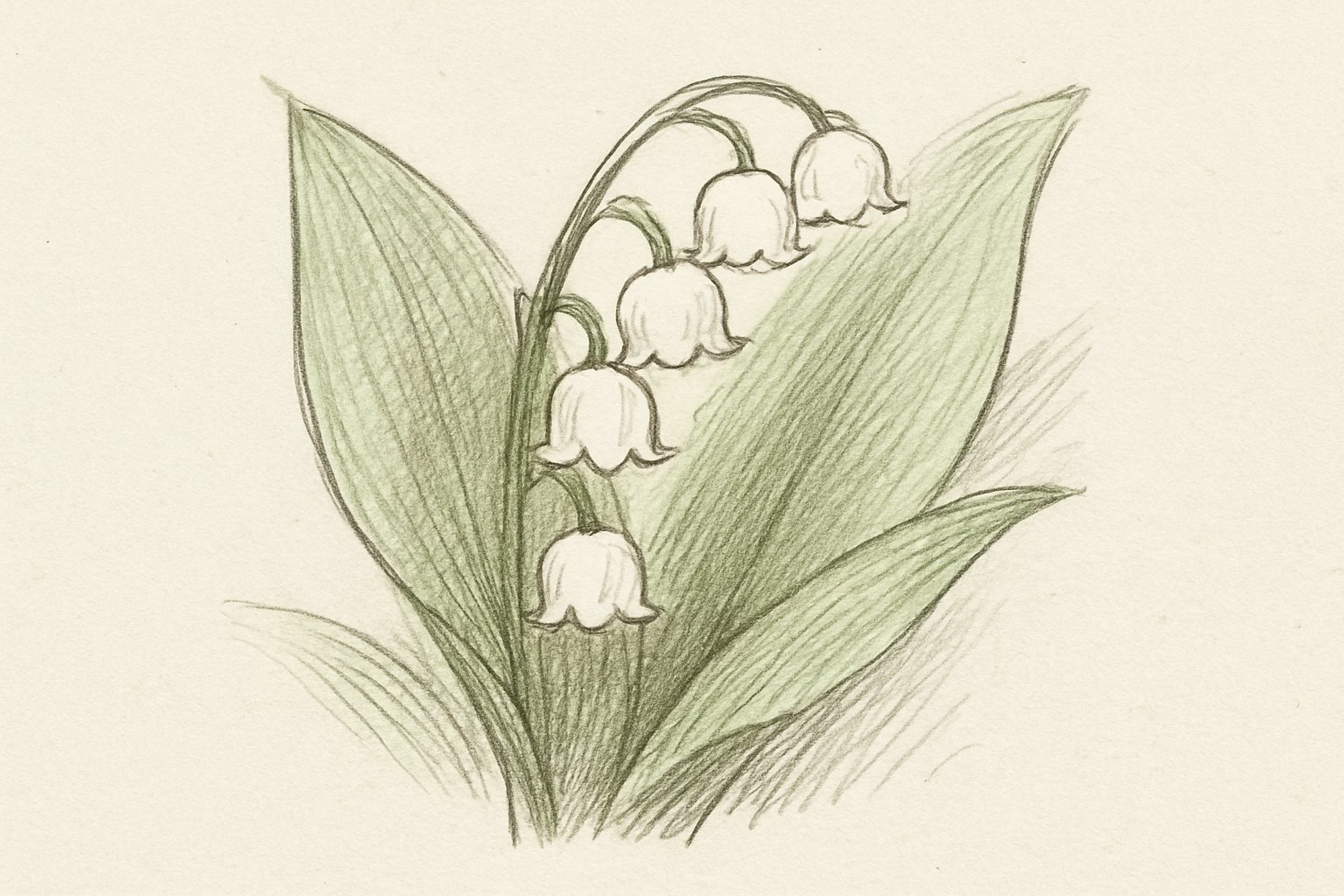 葉の陰でうつむいて咲く白いすずらんの手描きスケッチ