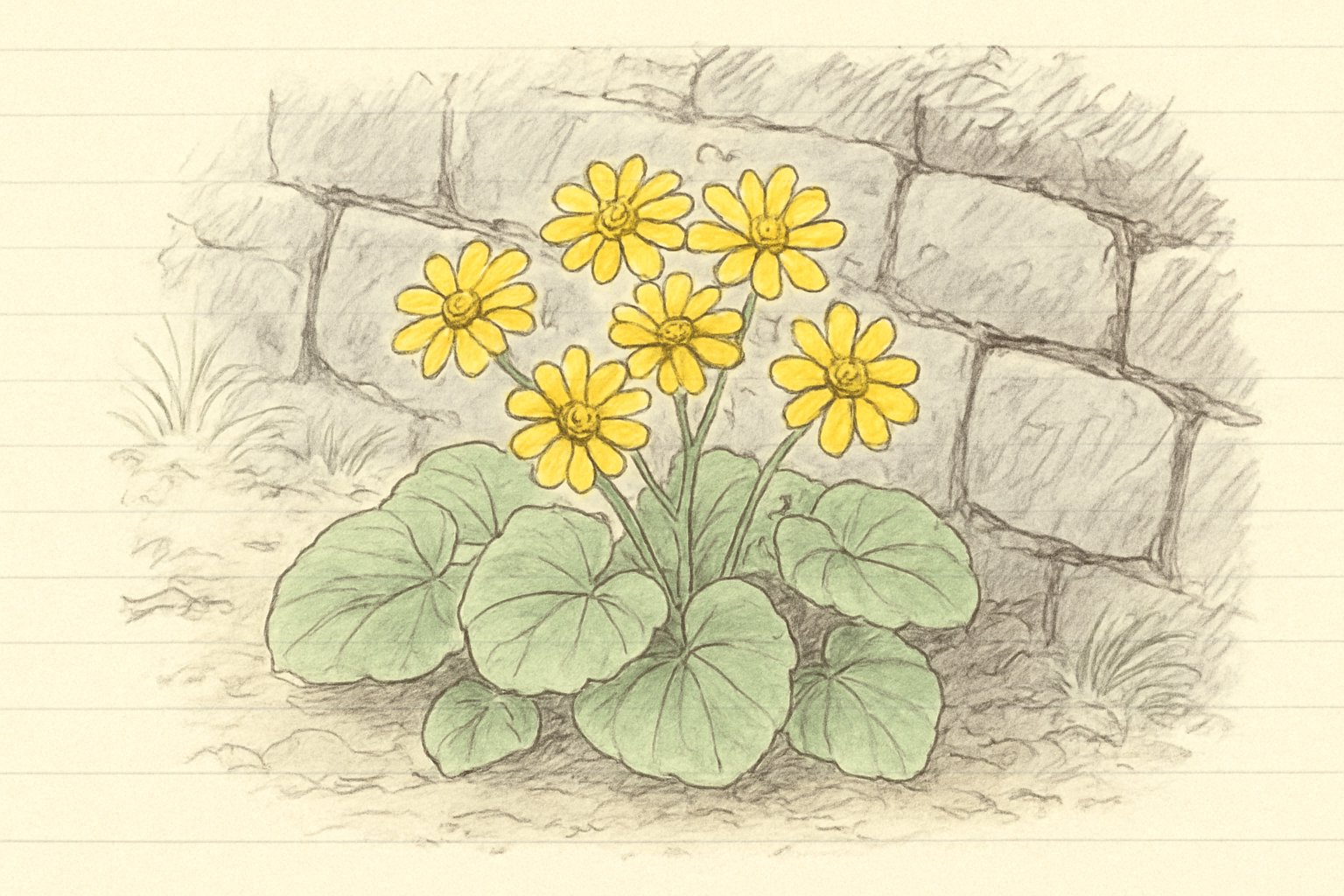 日陰の石垣のそばで黄色い花を咲かせる石蕗(ツワブキ)のイメージ