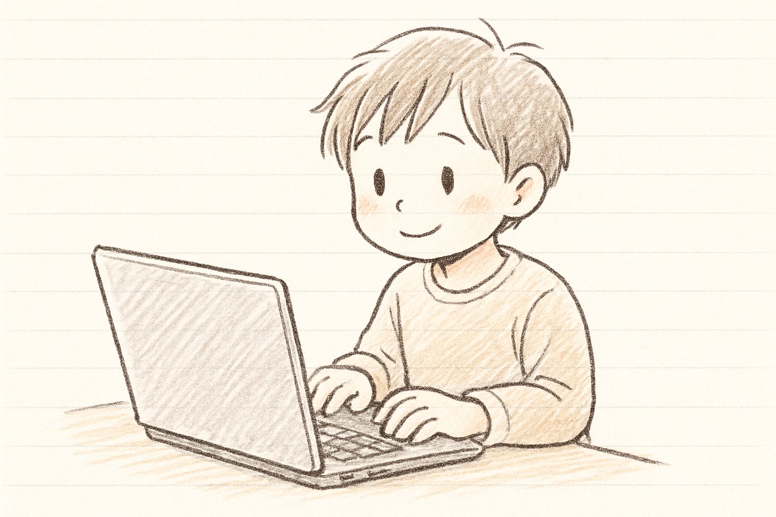 小学生がノートパソコンのキーボードに両手を置いている手書き風スケッチ