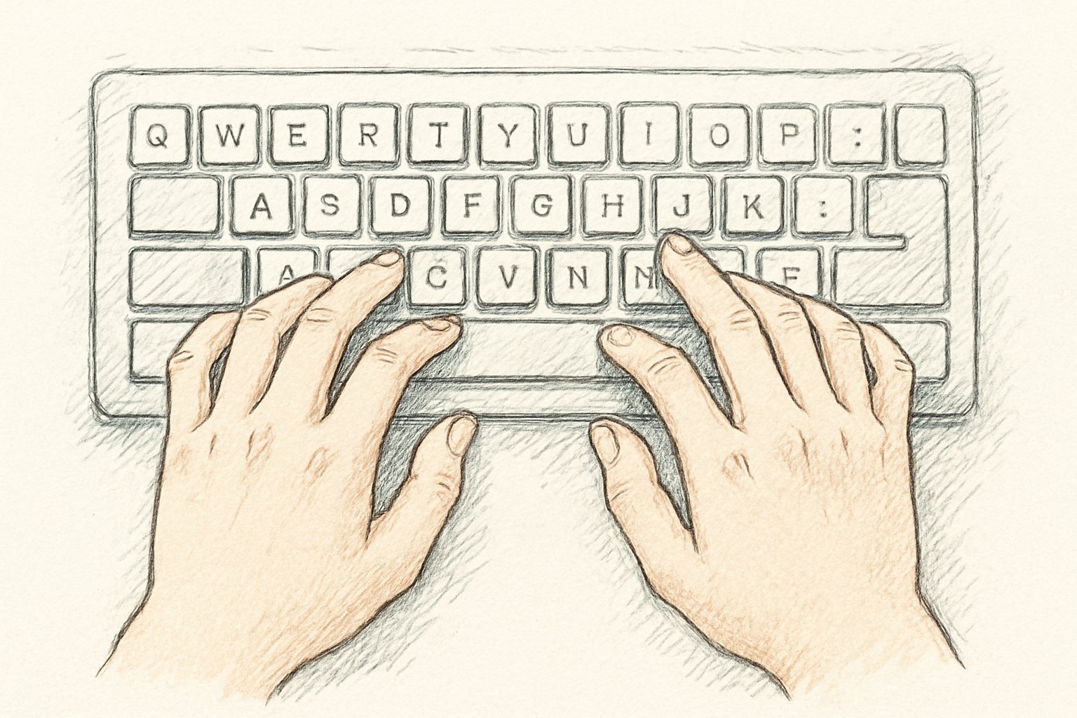 キーボードのホームポジションに指を置いた手元を上から見た手書き風スケッチ