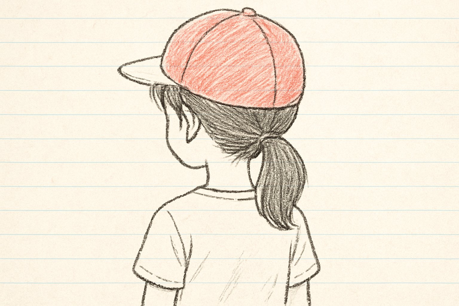低い位置で髪を結んだ小学生が紅白帽をかぶっている後ろ姿の手書き風スケッチ