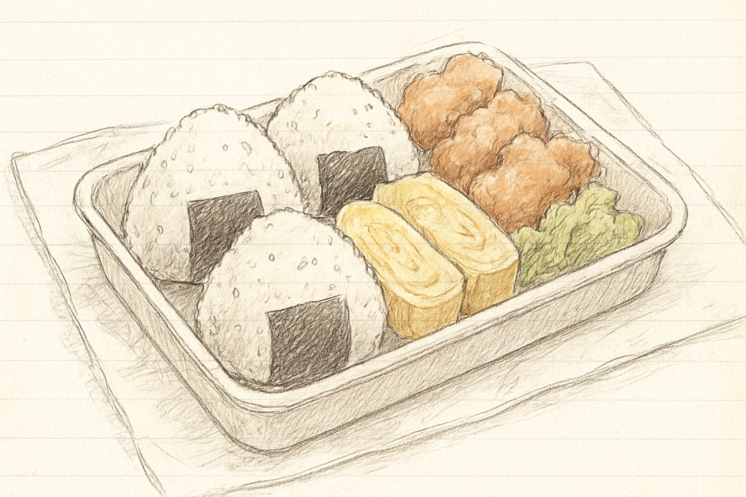 シートの上に広げた運動会のお弁当(おにぎり・唐揚げ・卵焼きが並ぶ手書き風スケッチ)