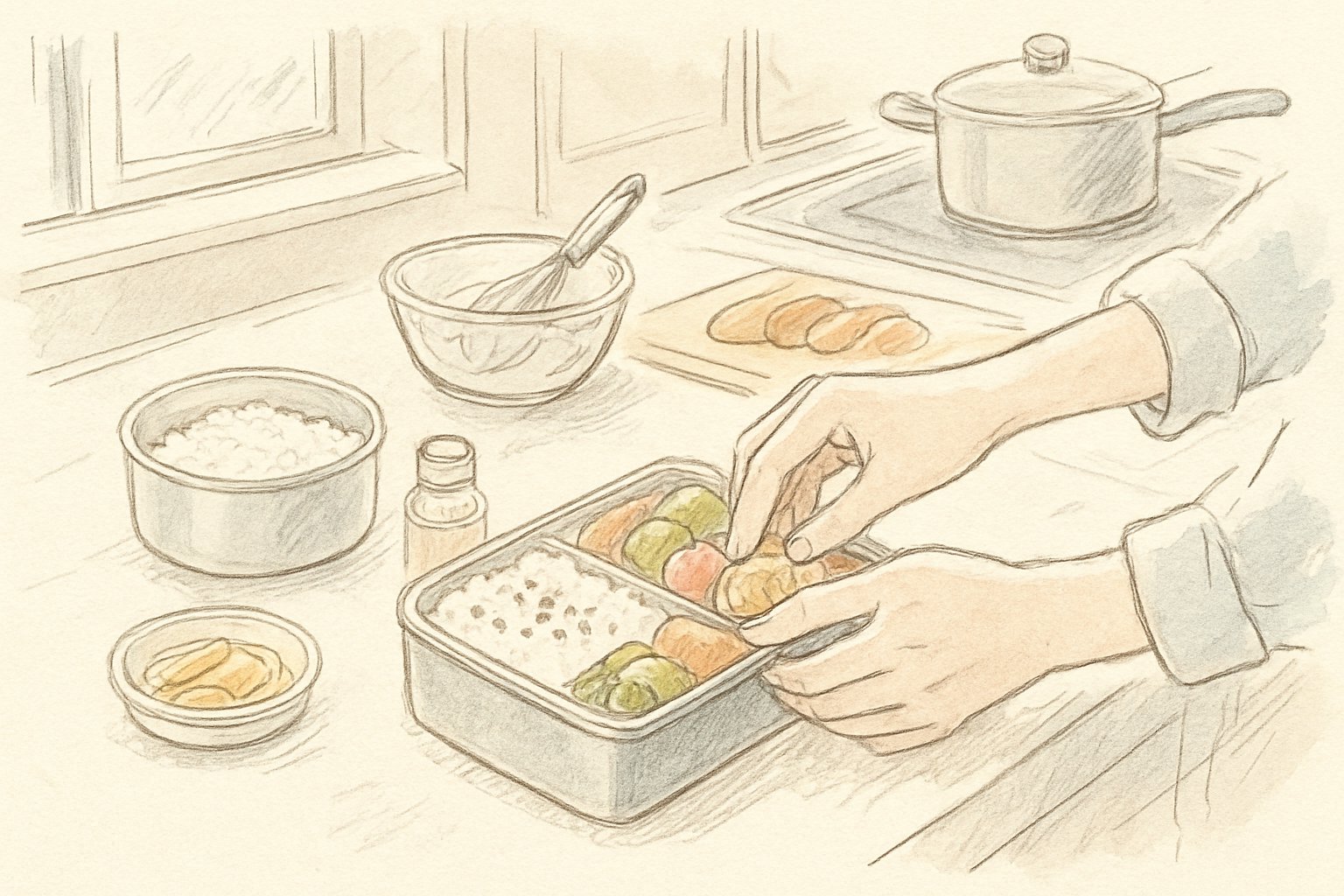 運動会当日の朝の台所で弁当を詰める手元(手書き風スケッチ)