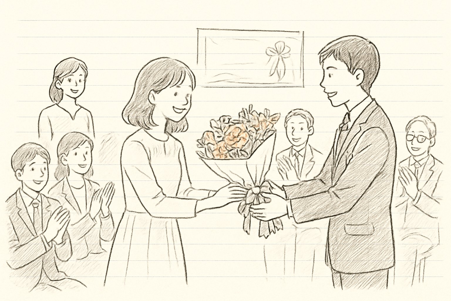 卒業式や送別会で花束を手渡している場面を引きで描いたもの。手書き風スケッチ、ペン画、カジュアル