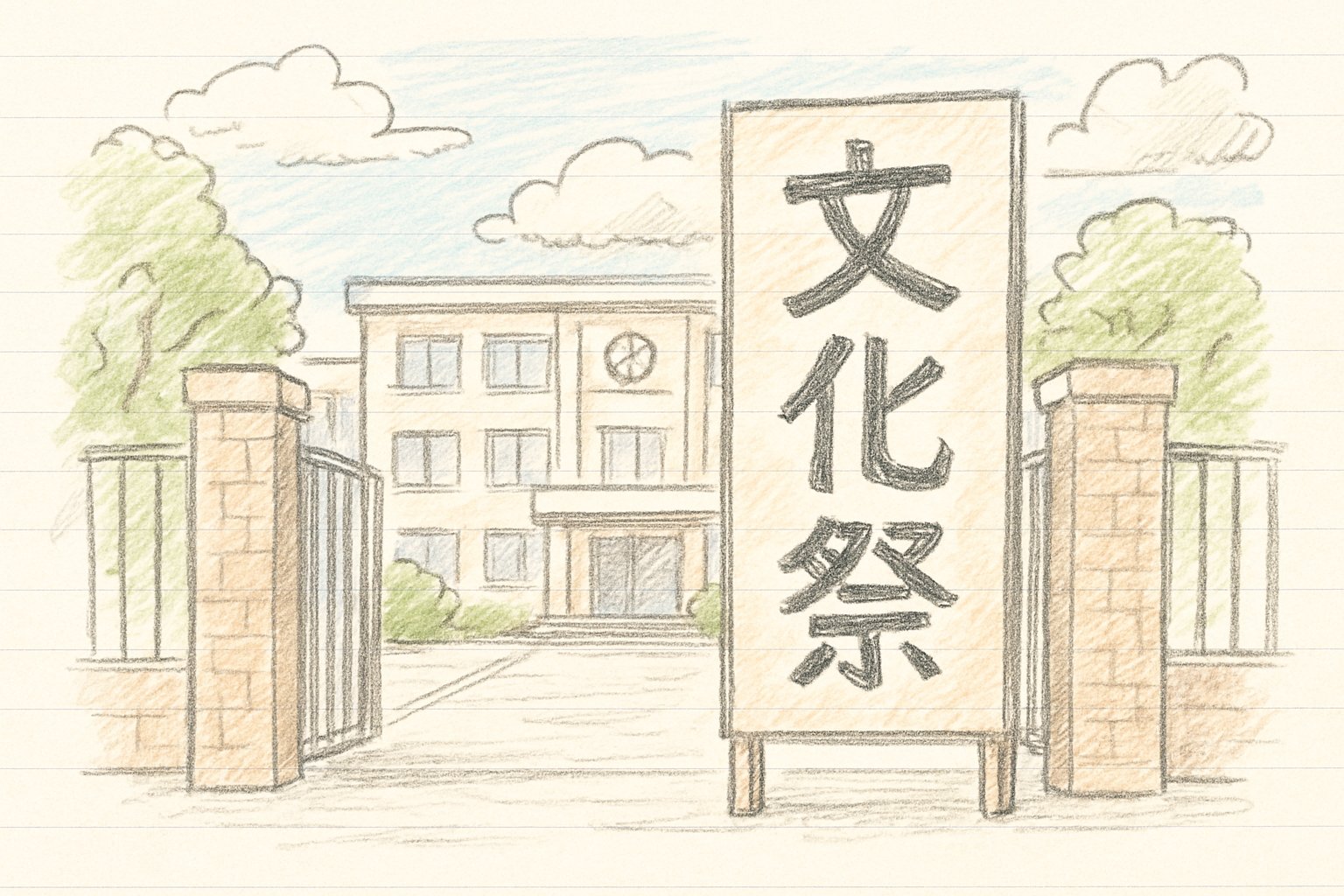 文化祭の校門に大きな看板が掲げられた校舎前の様子