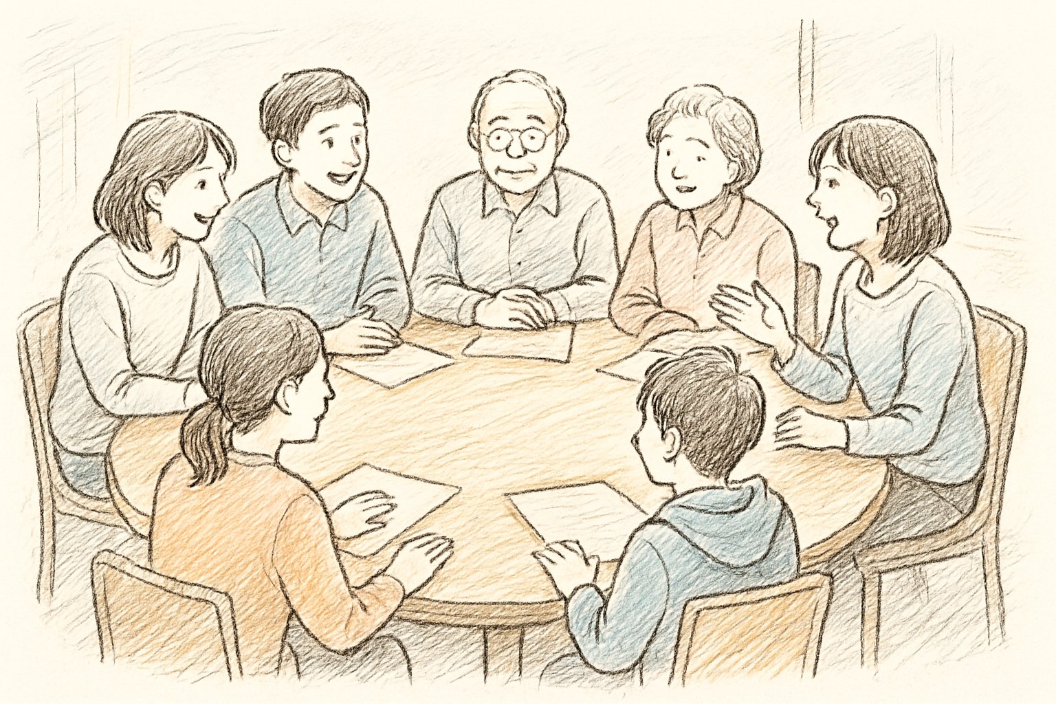 学校と地域の人たちが円卓を囲んで話し合っている様子を手書き風スケッチ（ペン画、カジュアル）で描いたイメージ