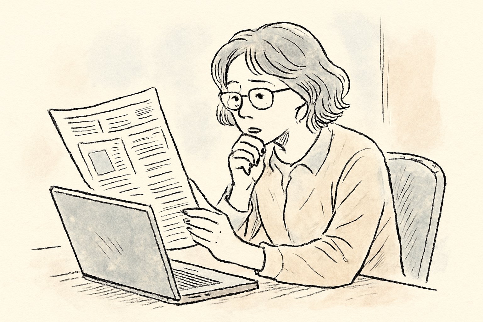 学校だよりとパソコンの画面を見比べて調べている保護者を手書き風スケッチ（ペン画、カジュアル）で描いたイメージ