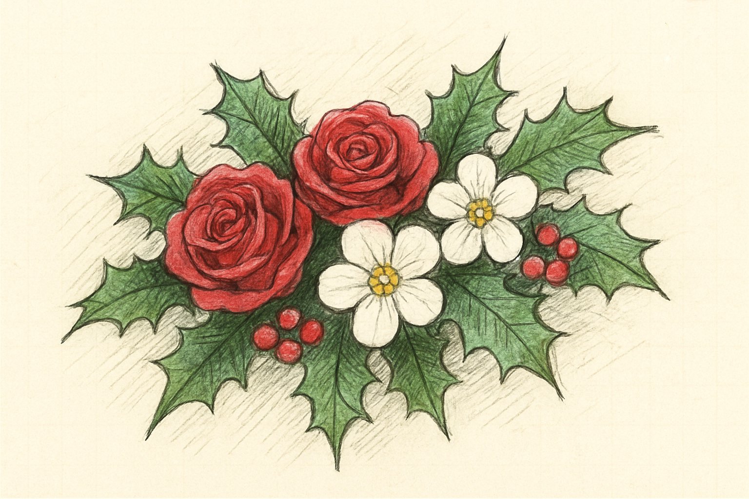 赤いバラ・白い花・ヒイラギの葉を組み合わせた、クリスマス向けのフラワーアレンジメントの写真