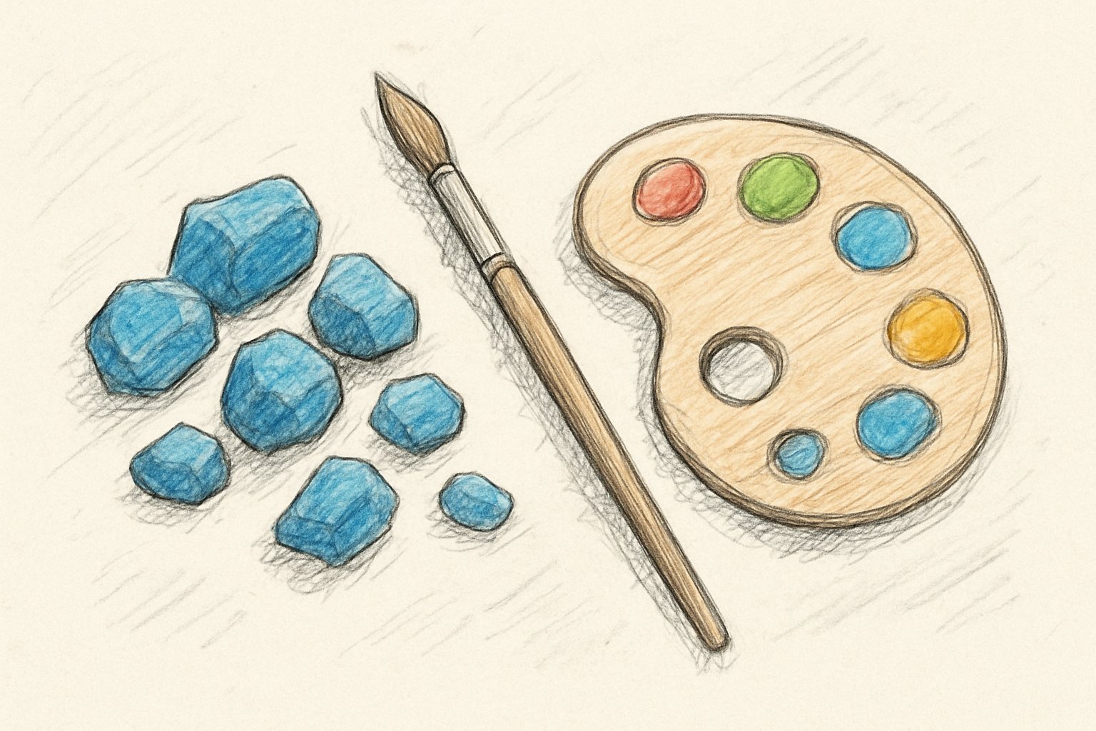 群青色の石と絵筆・パレットを並べた手書き風スケッチ