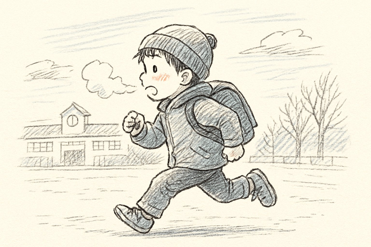 冬の朝、白い息を吐きながら校庭を走る小学生。手書き風スケッチ、ペン画、カジュアルなタッチ