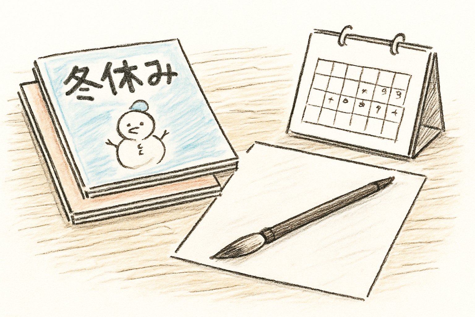 机の上に並んだ冬休みのドリル・書き初め用の筆と半紙・カレンダー。手書き風スケッチ、ペン画、カジュアルなタッチ