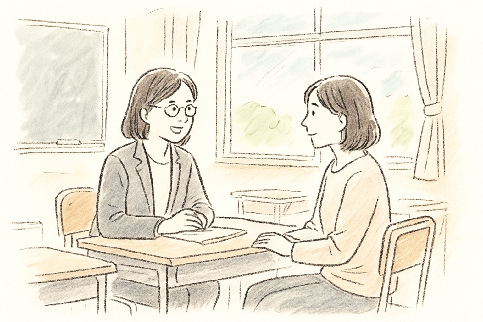 教室の窓際で担任と保護者が向き合って話す個人懇談の場面。手書き風スケッチ、ペン画、カジュアルなタッチ