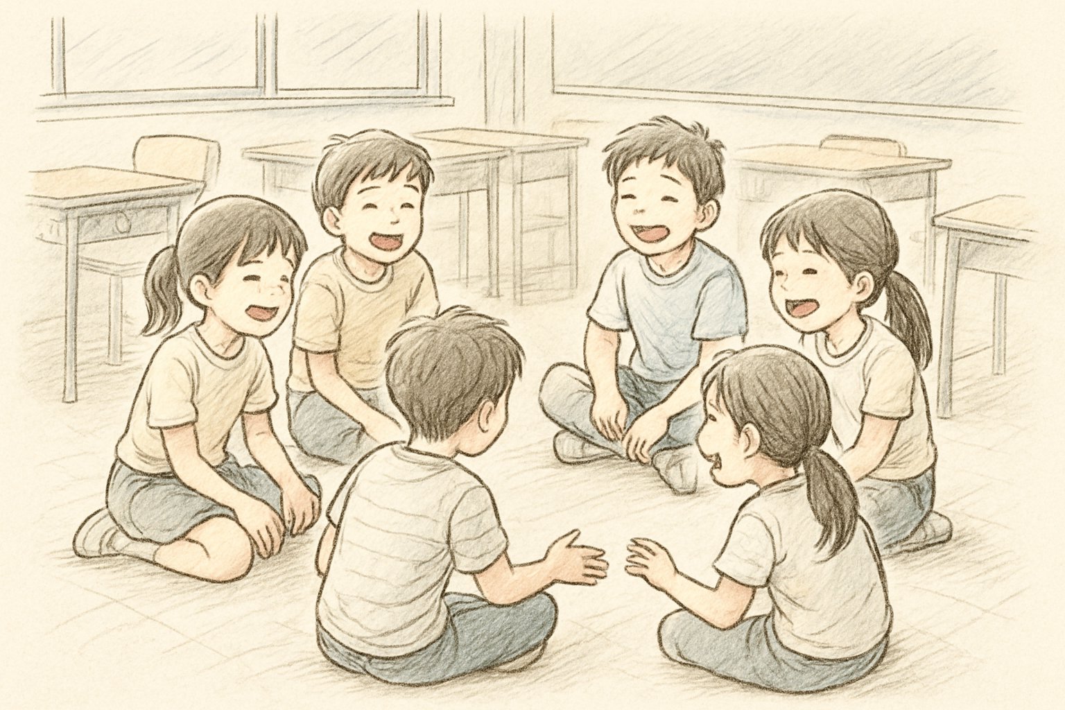 教室で机を後ろに寄せ、小学生たちが輪になって笑いながらゲームをしている場面