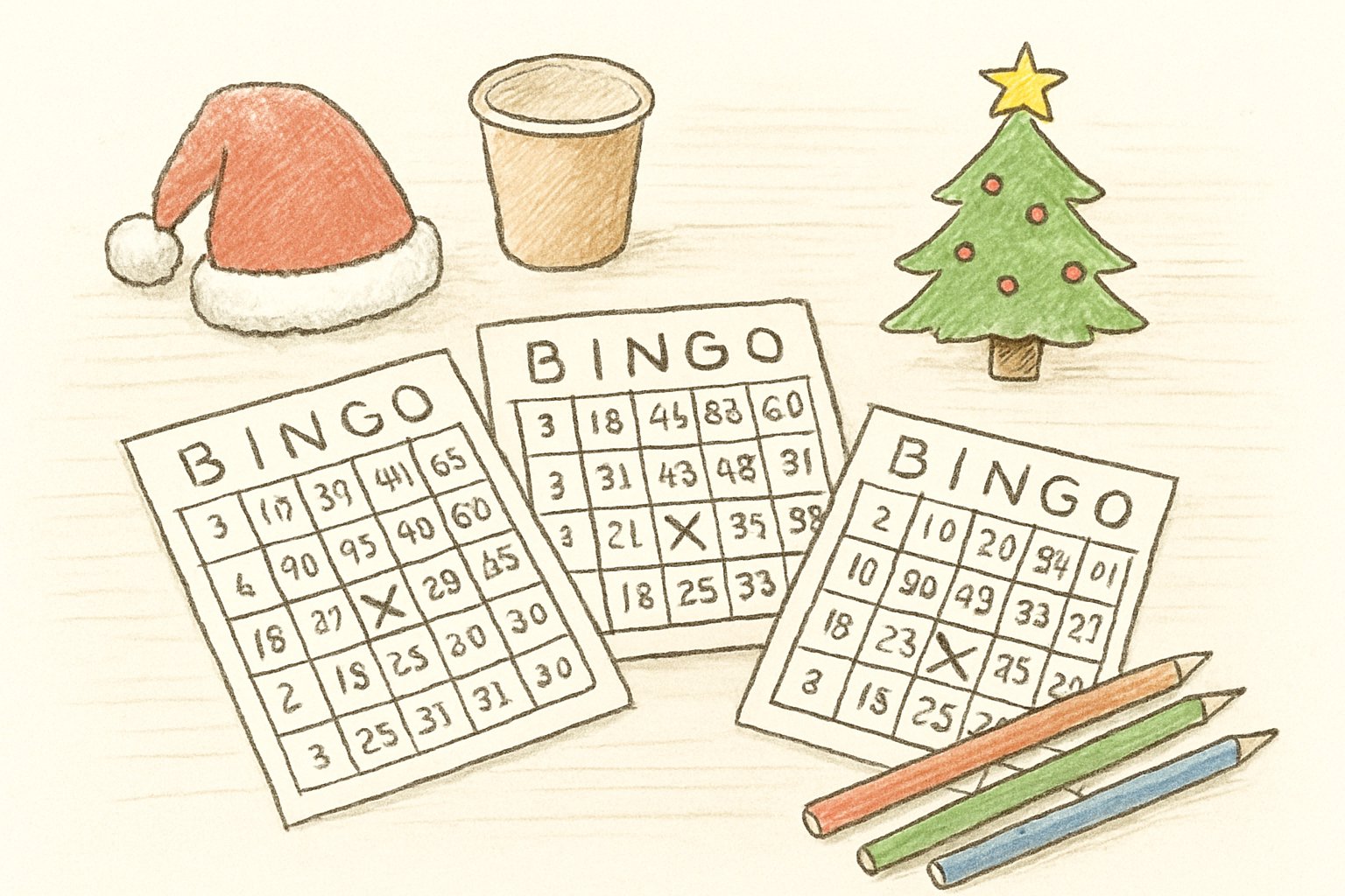 机の上に並んだ手書きのビンゴカード、色鉛筆、紙コップなどクリスマス会の道具