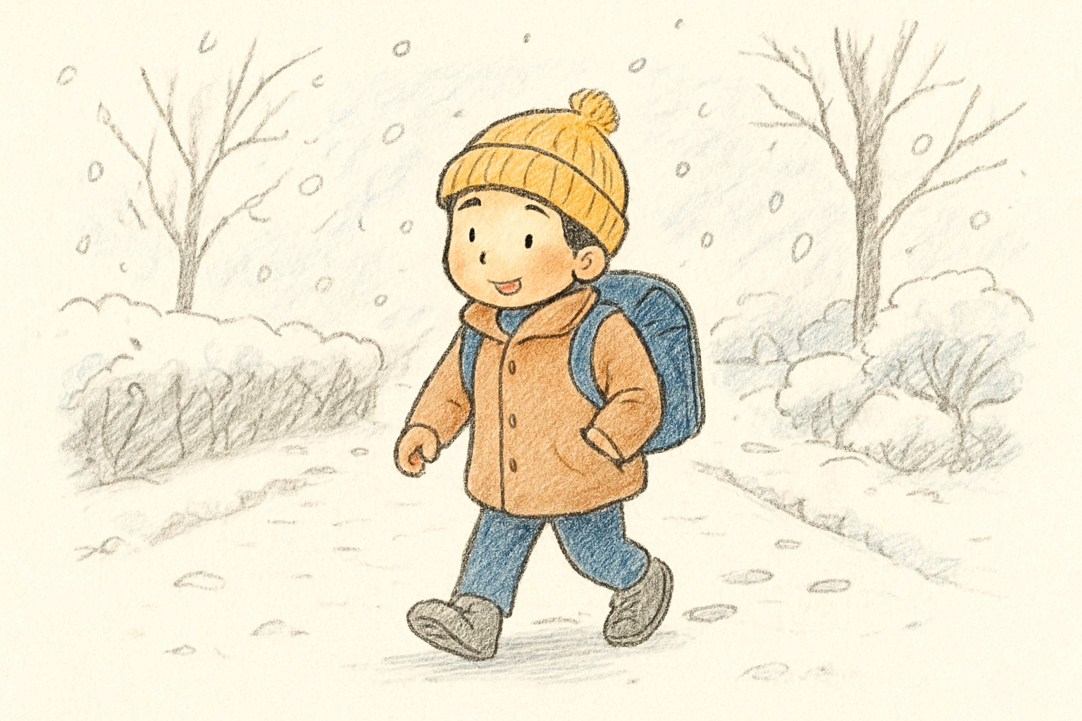雪の積もった通学路を歩く小学生のイメージ