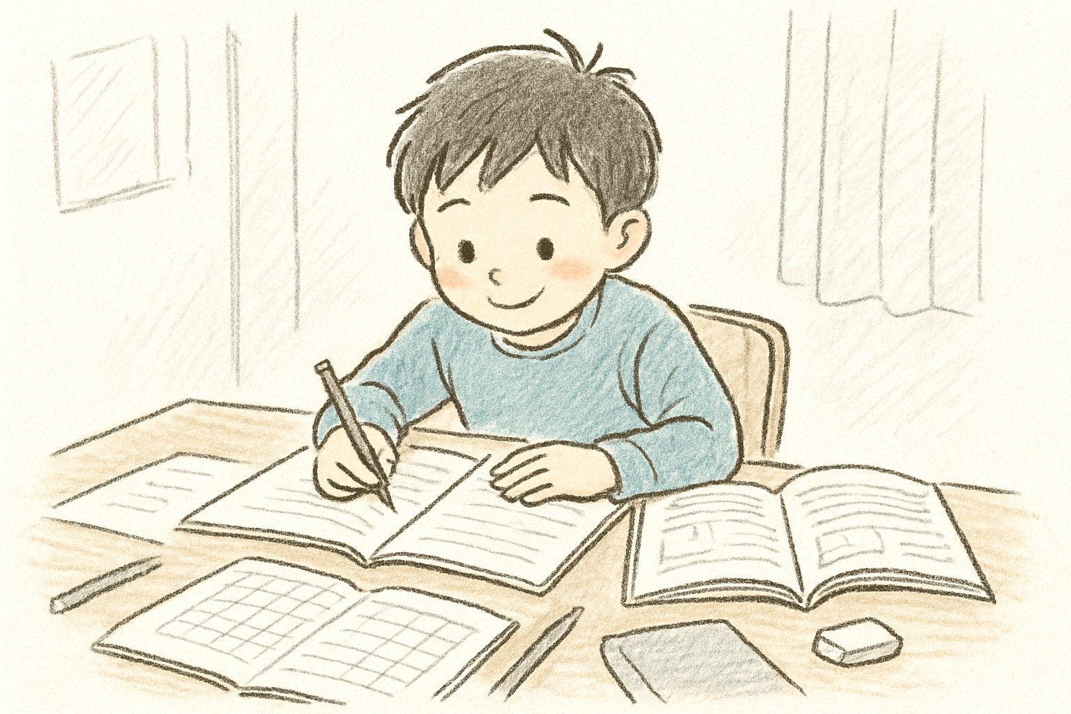冬休みの宿題を机に広げて取り組む小学生のイメージ