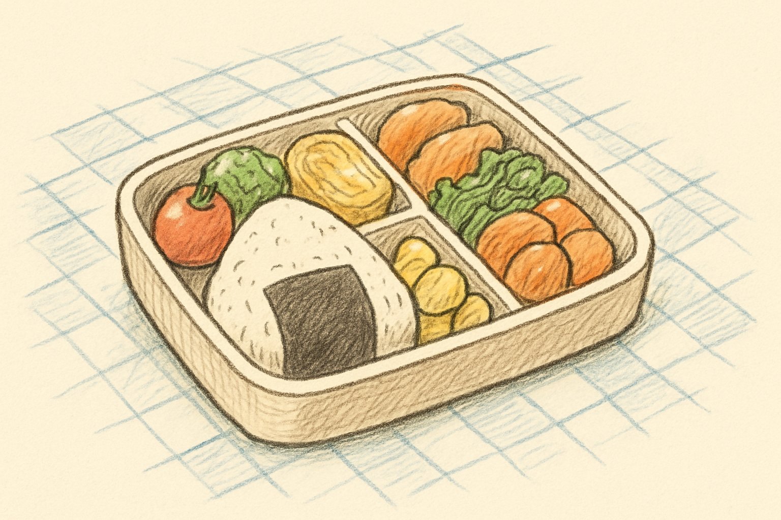 レジャーシートの上に置かれた、俵おにぎりと彩りのよいおかずが詰まった子ども用の遠足弁当