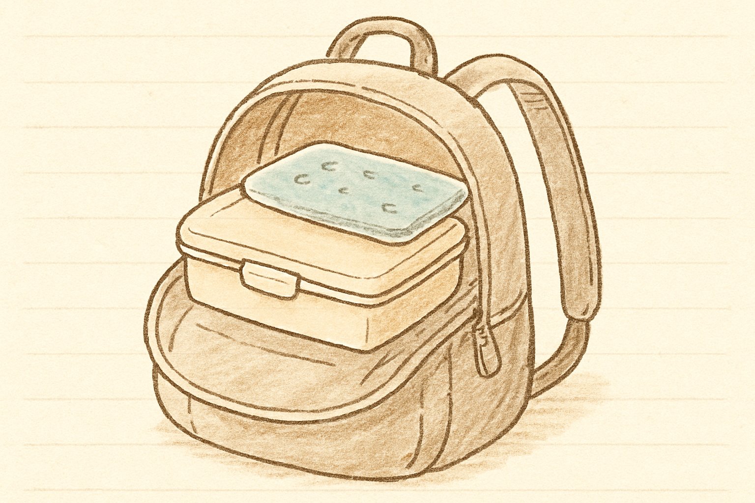 子ども用リュックの底の背中側にお弁当箱を水平に入れ、ふたの上に保冷剤をのせている様子