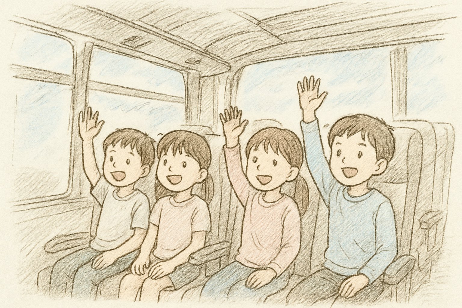 観光バスの車内で、座席に座った小学生たちが前を向いて手を挙げている場面