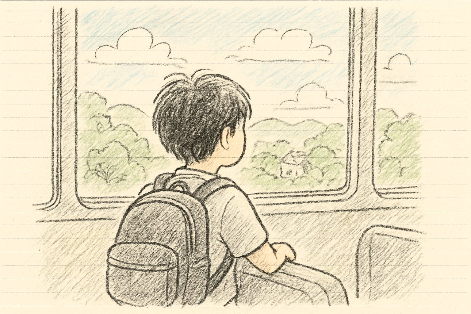 バスの窓際の席で、外の景色を眺める小学生の後ろ姿